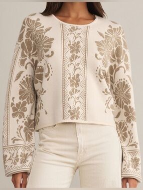 Z Supply Cream Floral Jacquard Knit Sweater Bubble Sleeve